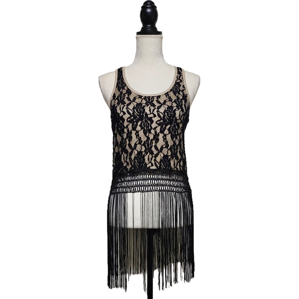 Vintage Y2K Papaya Black Lace Crochet Fringe Tank Size S Festival Flapper Grunge